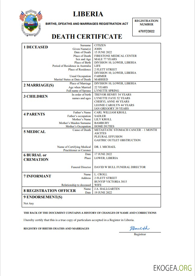 Modèle Word et PDF de certificat de décès du Libéria